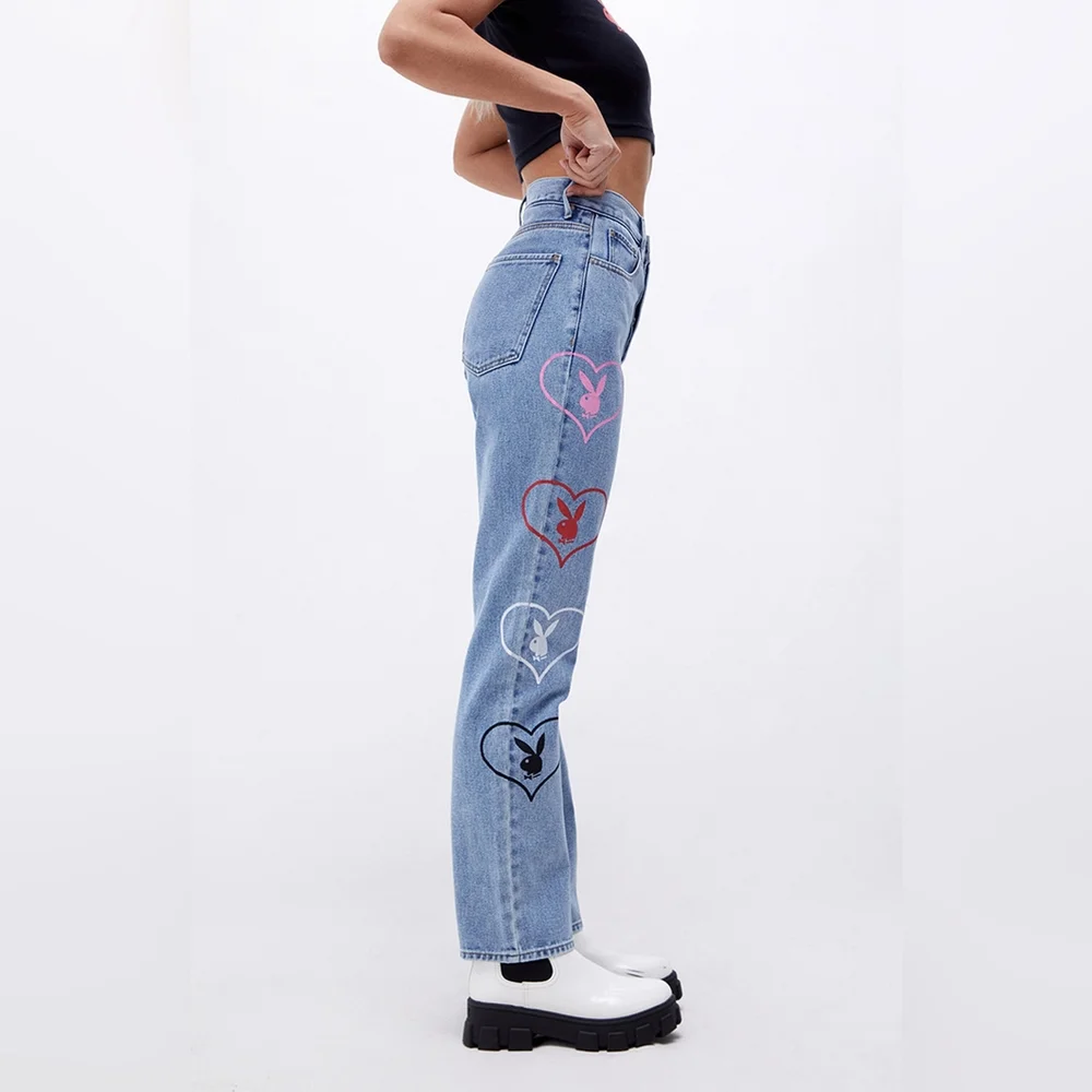 Playboy By PacSun Medium Blue Graphic Straight Leg Jeans Button Fly Size 24